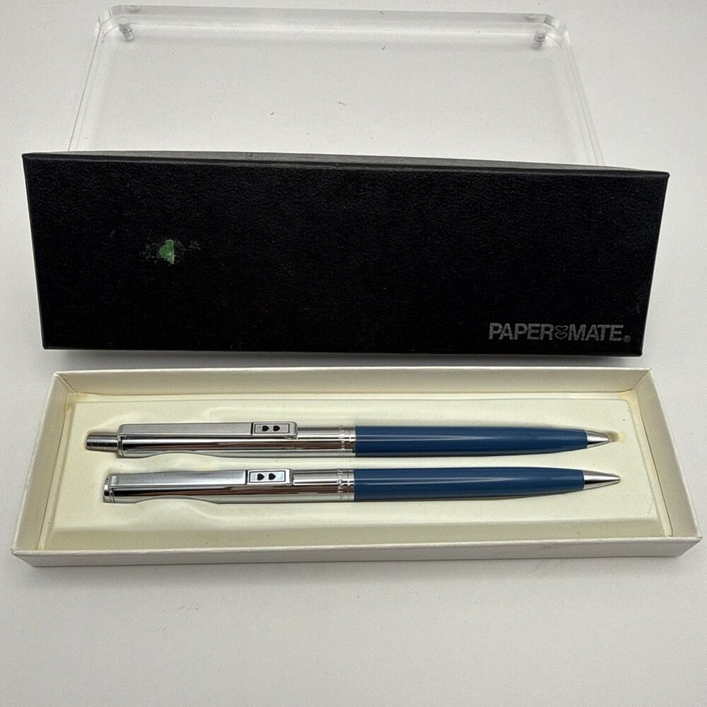 Vintage Paper Mate Ballpoint Pen & Mechanical Pencil Set Blue/ Chrome